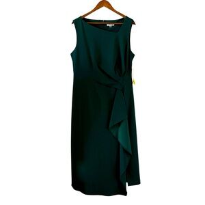 Calvin Klein NEW Asymmetrical Neck Ruffle Front Dress In Forest Green Size 14